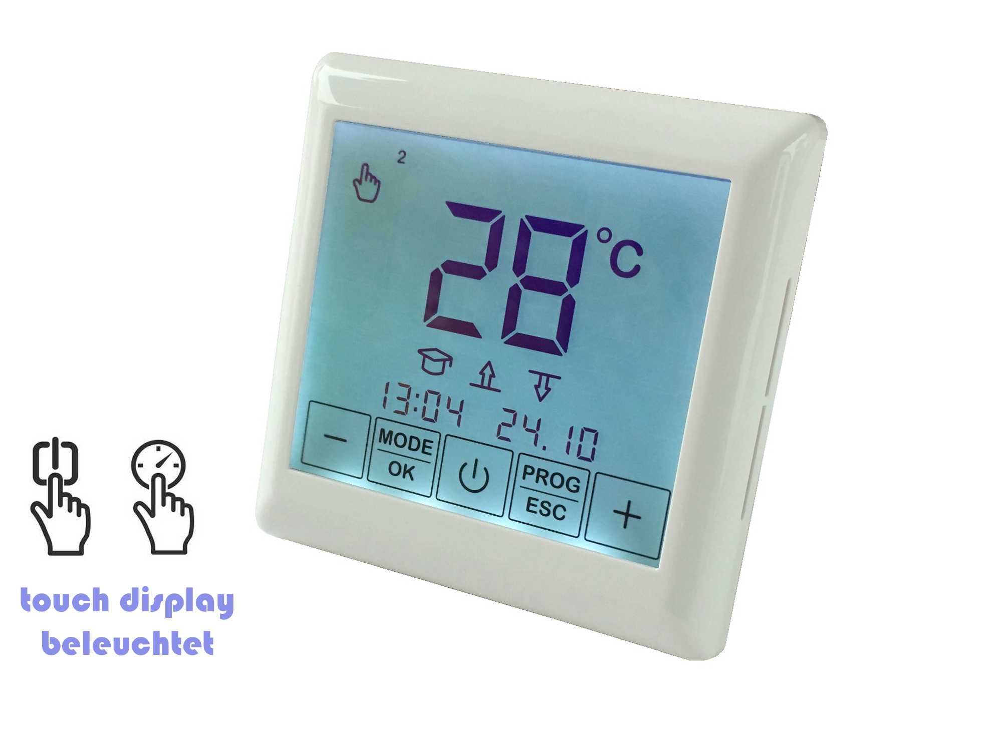 Thermostat Digitalregler Touch für Elektro Fußbodenheizung, mit digitaler programmierbarer Wochenzeitschaltuhr, inkl. Fühlerleitung