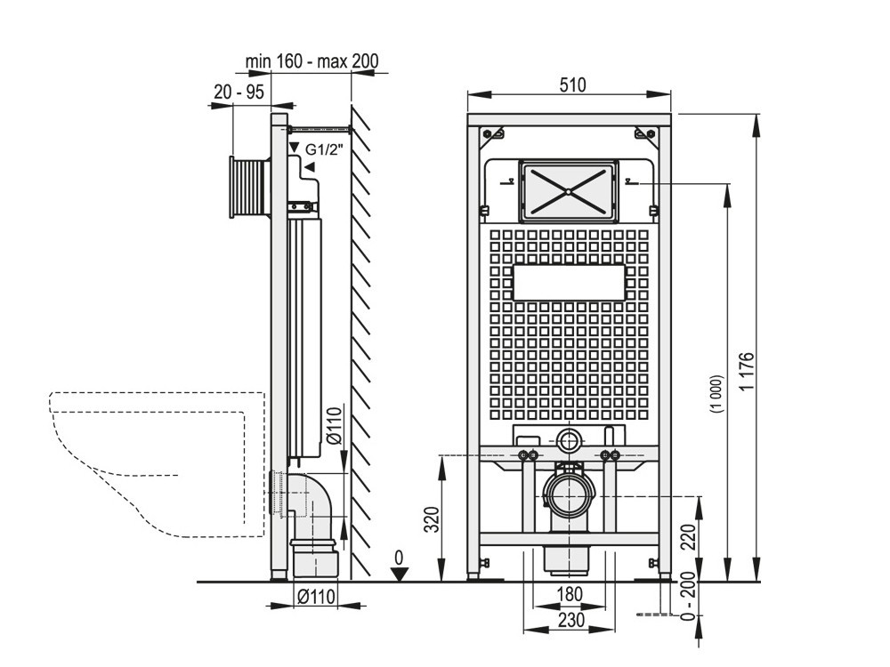 WC Vorwandelement zur ECKMONTAGE, Unterputzspülkasten, Bauhöhen 85 100 120 cm