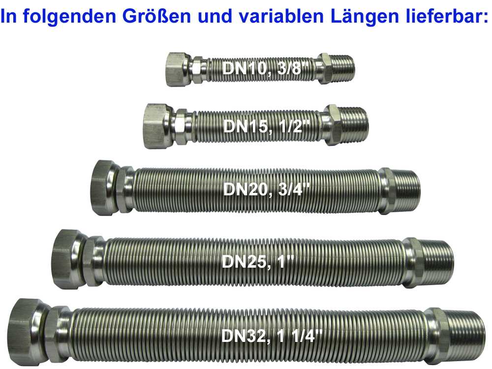 Edelstahlwellrohr ausziehbar, DN32 Highflex Edelstahlschlauch 1.4404, formstabil, variable Längen von 110-160mm bis 500-1000mm, 11/4" ÜM x 11/4" ÜM