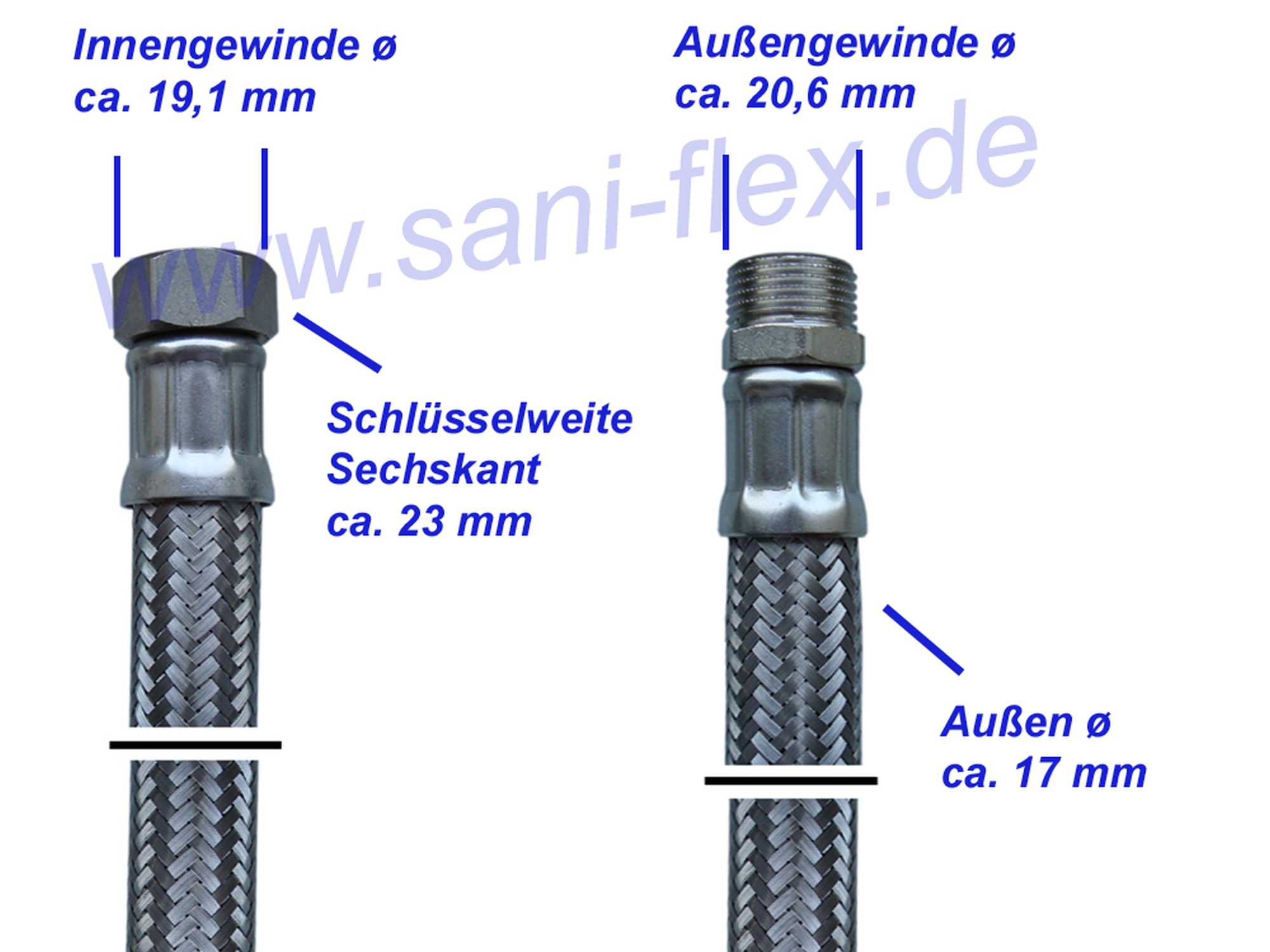 Sani-HiFlex beidseitig 1/2"ÜM Panzerschlauch Flexschlauch DN13 alle Längen Trinkwasser Edelstahl umflochten extrem knickfest