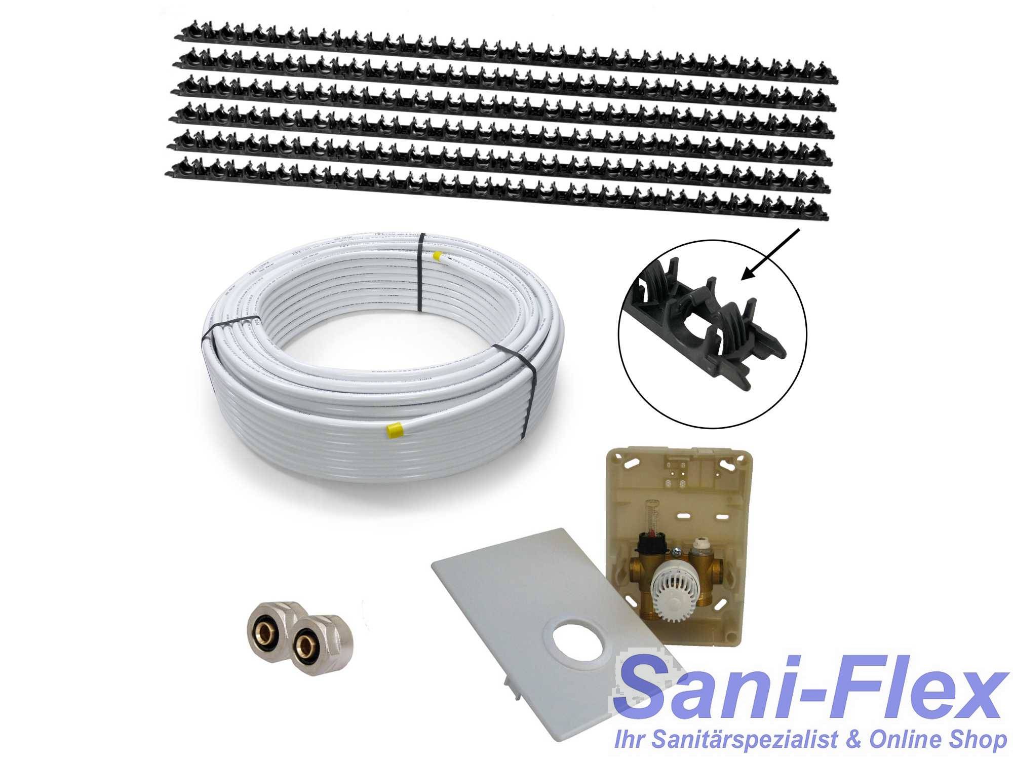 Sani-WALL Wand- u. Fußbodenheizung mit Klemmschienen, Warmwasser,  Komplettsystem 5m² oder 10m² mit Verbundrohr 16x2mm und RTL SI-Regelbox