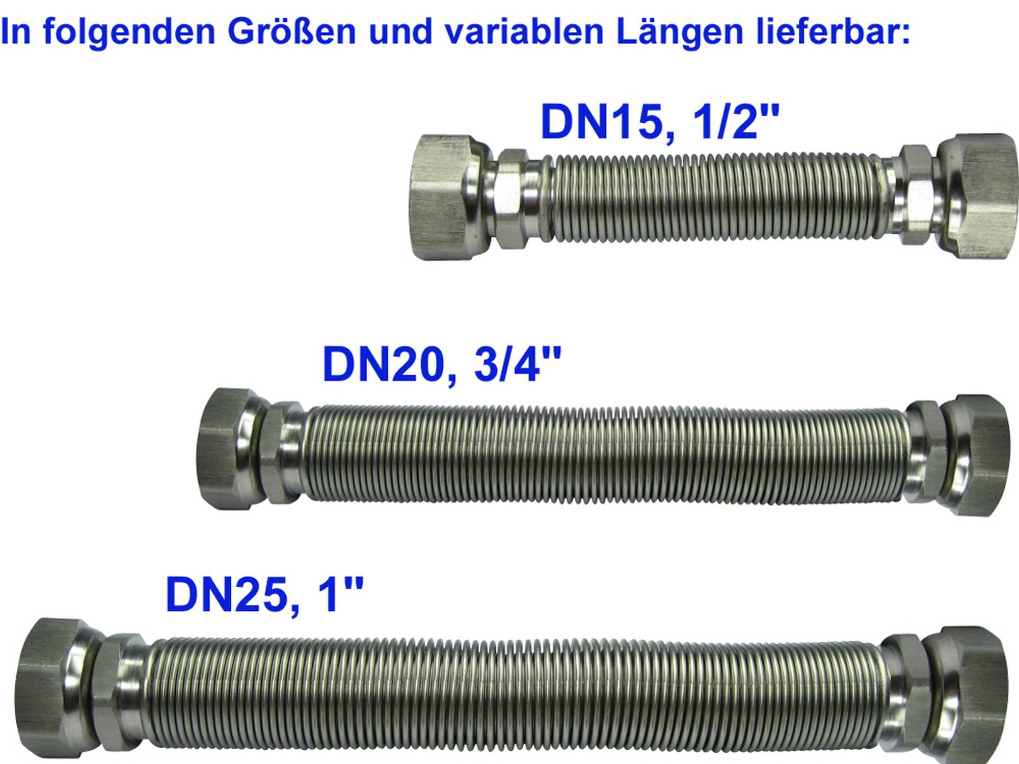 Edelstahlwellrohr ausziehbar, DN25 beidseitig 1" ÜM, Highflex Edelstahlschlauch 1.4404, formstabil, variable Längen von 75-130mm bis 1000-2.000mm