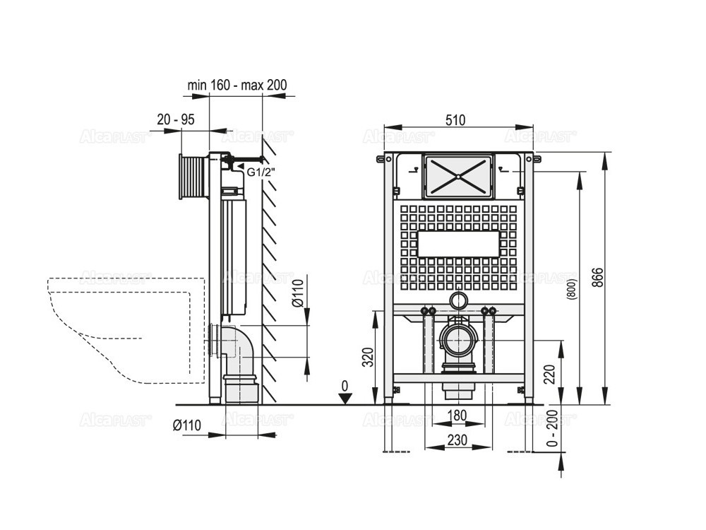 WC Vorwandelement zur ECKMONTAGE, Unterputzspülkasten, Bauhöhen 85 100 120 cm