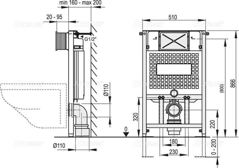 WC Vorwandelement zur WANDMONTAGE, Unterputzspülkasten, Bauhöhen 85 100 120 cm