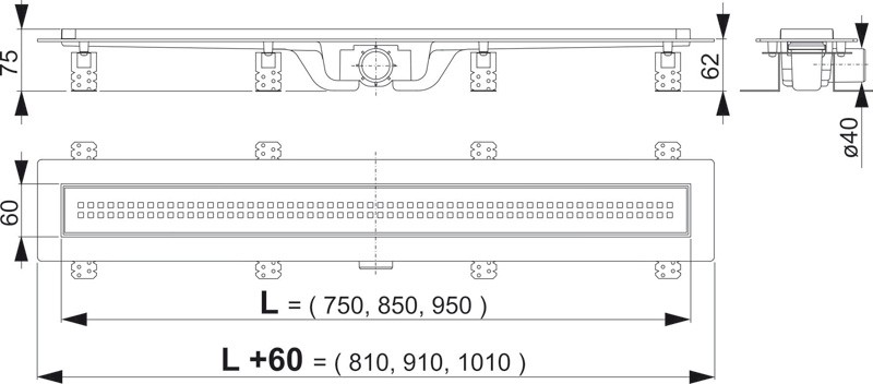 Duschrinne, Bodenablaufrinne mit Edelstahlrost in Klassik-Design, Länge: 55cm bis 95 cm