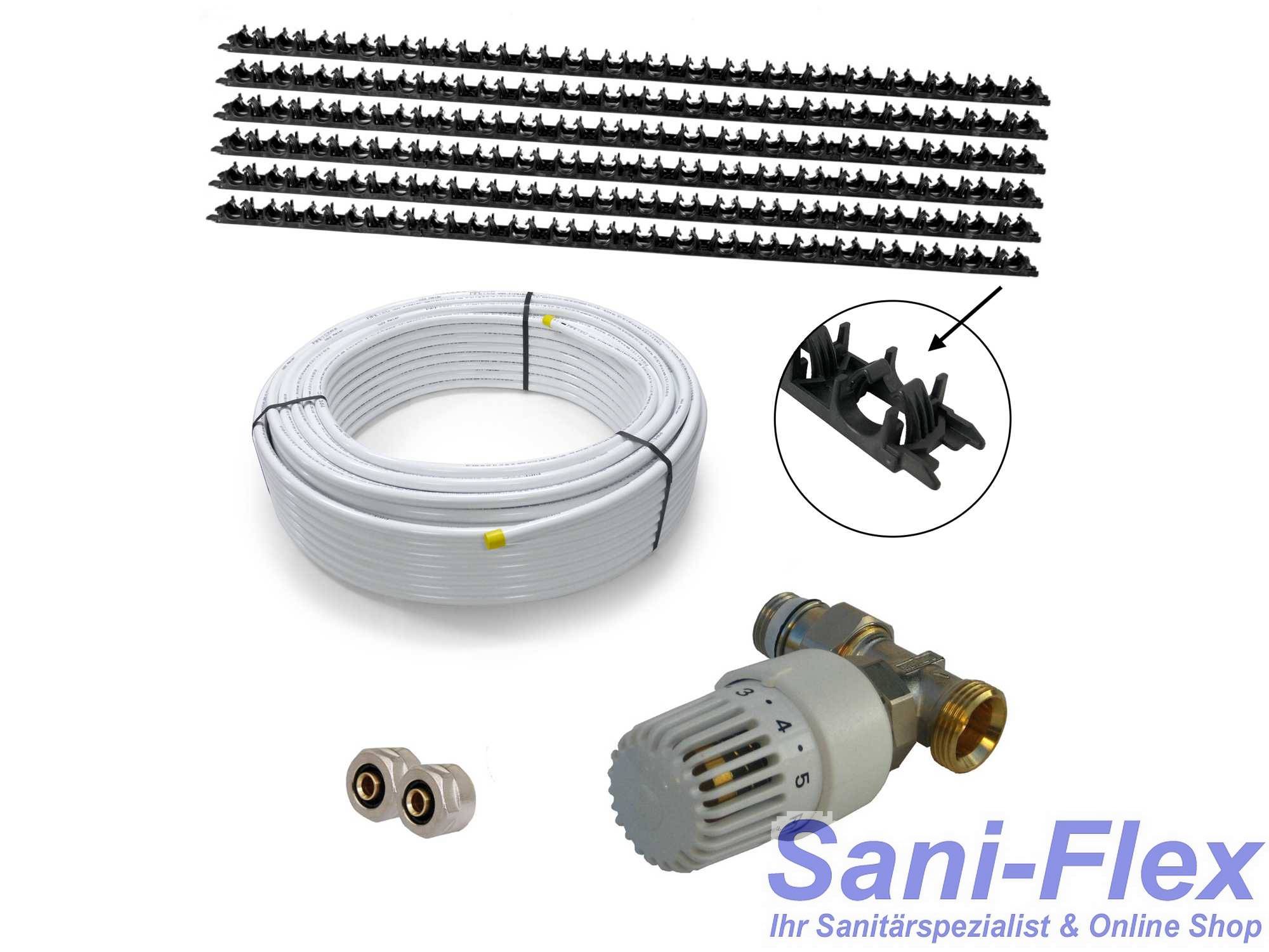 Sani-WALL Wand- u. Fußbodenheizung mit Klemmschienen, Warmwasser,  Komplettsystem 5m² oder 10m² mit Verbundrohr 16x2mm und RTL Ventil 